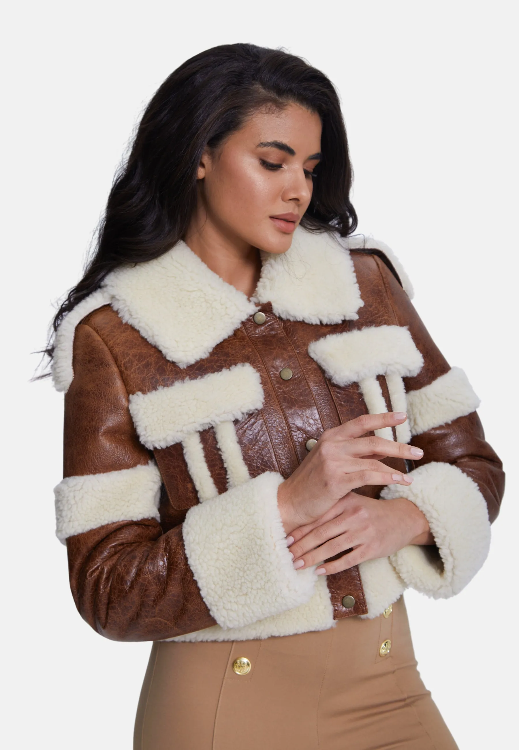 Women's Fashion Jacket, Cracked Brown With Beige Curly Wool