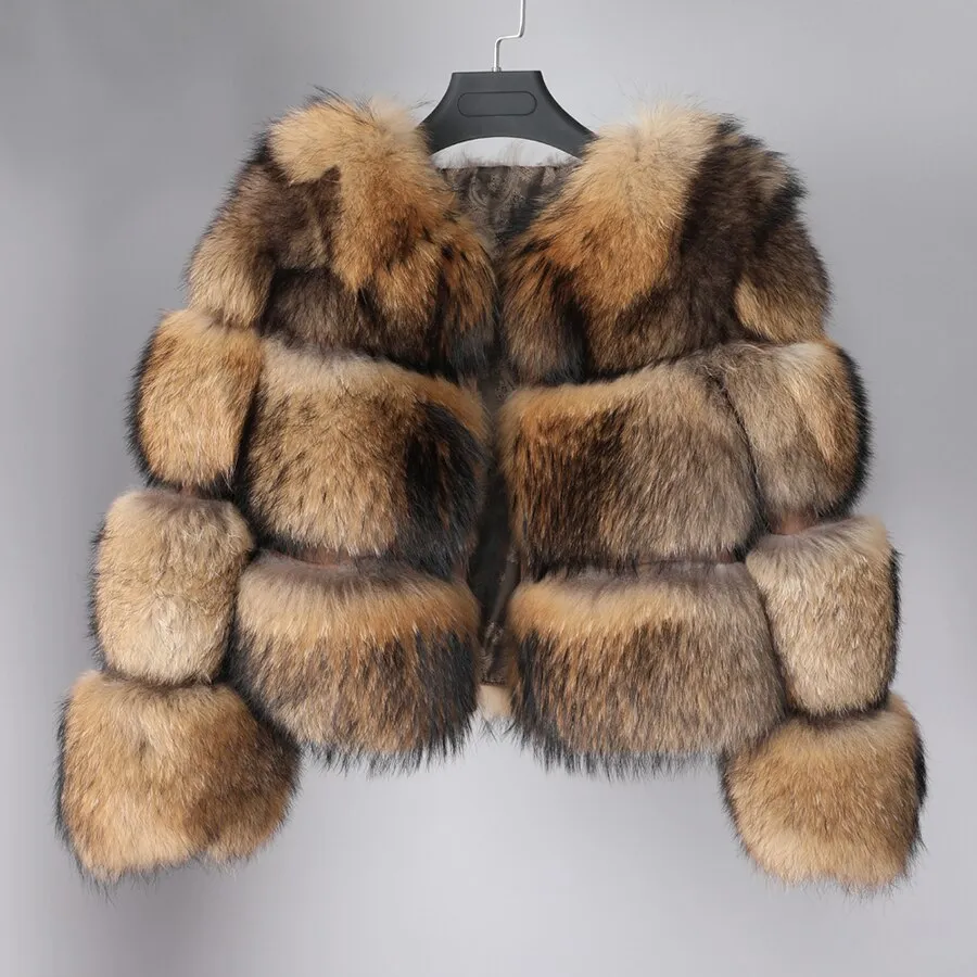 Women's Winter O-Neck Short Coat With Raccoon Fur