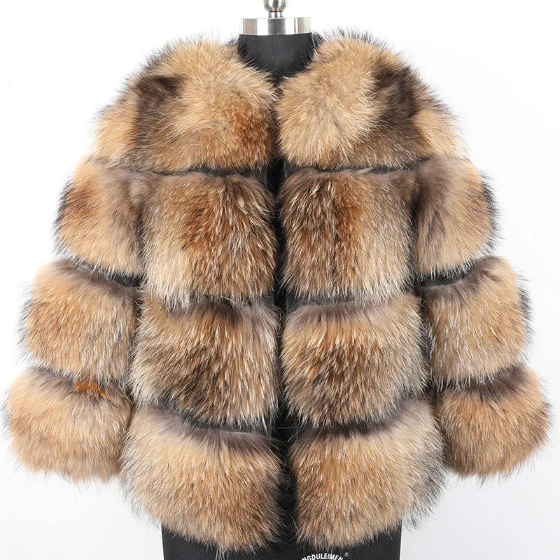 Women's Winter O-Neck Short Coat With Raccoon Fur