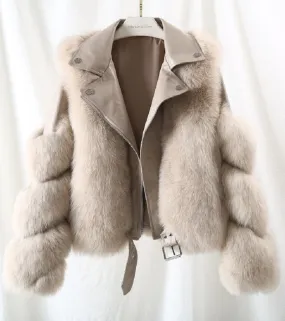 Women's Winter V-Neck Short Coat With Fox Fur