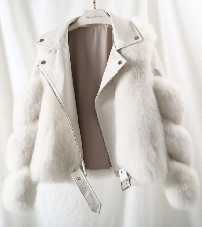 Women's Winter V-Neck Short Coat With Fox Fur