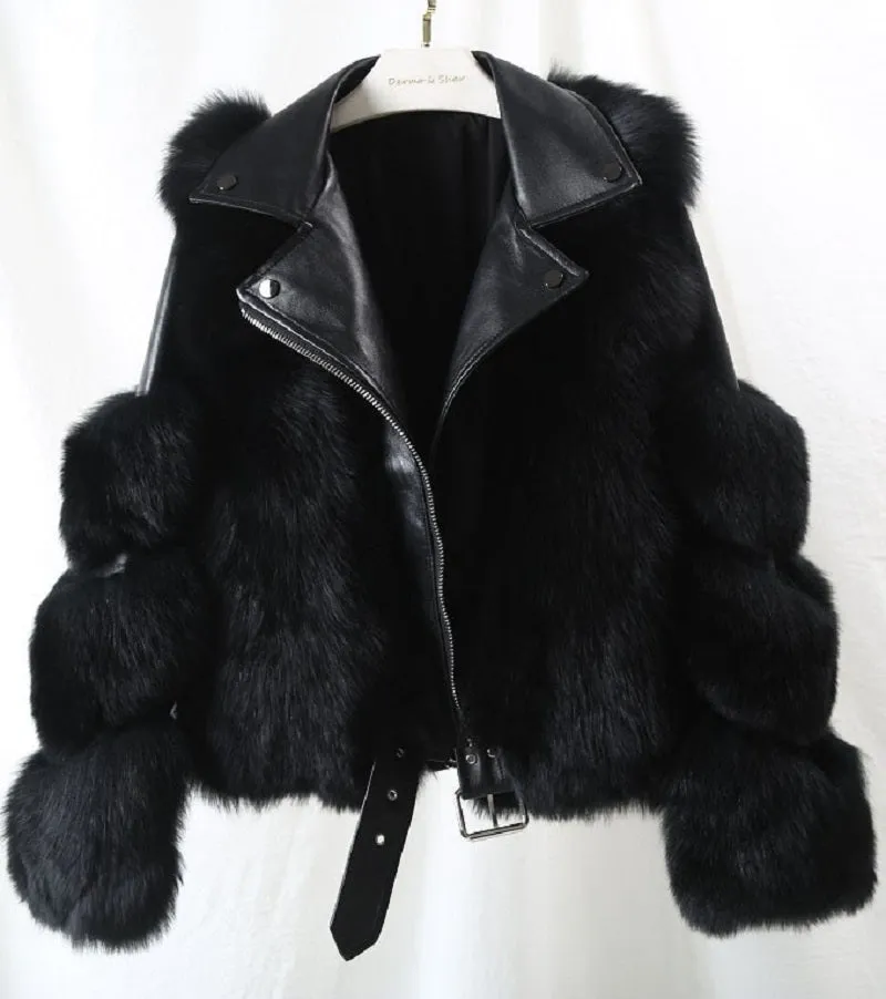 Women's Winter V-Neck Short Coat With Fox Fur