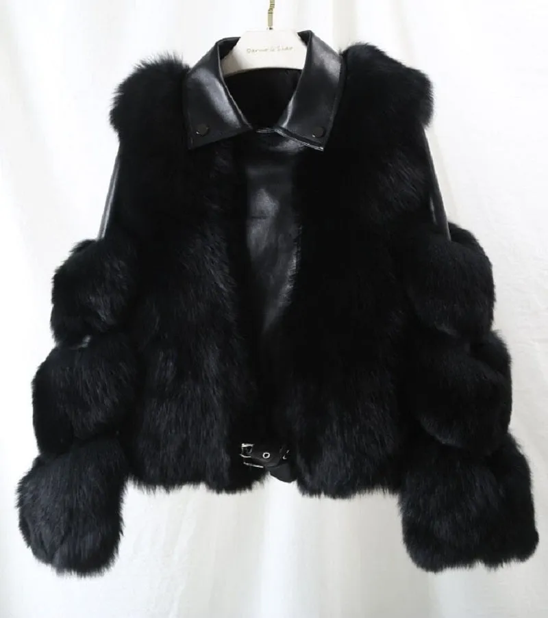 Women's Winter V-Neck Short Coat With Fox Fur